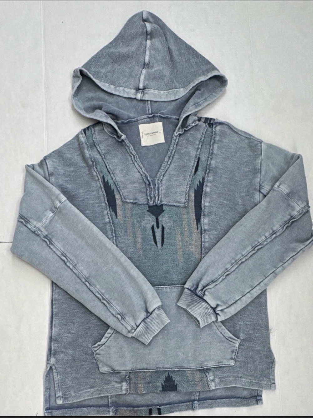 Lucky Brand Washed Gray V-Neck Hooded Sweater